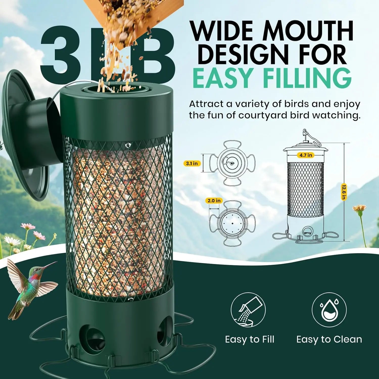 Bird Feeders for Outdoors Squirrel Proof with Weight-Activated Perches, Hanging Bird Feeder for Outside, Metal Feeder for Wild Cardinal, Finch, Blue Jay, Chickadee, 3LB Seed Capacity, Green - Catanox