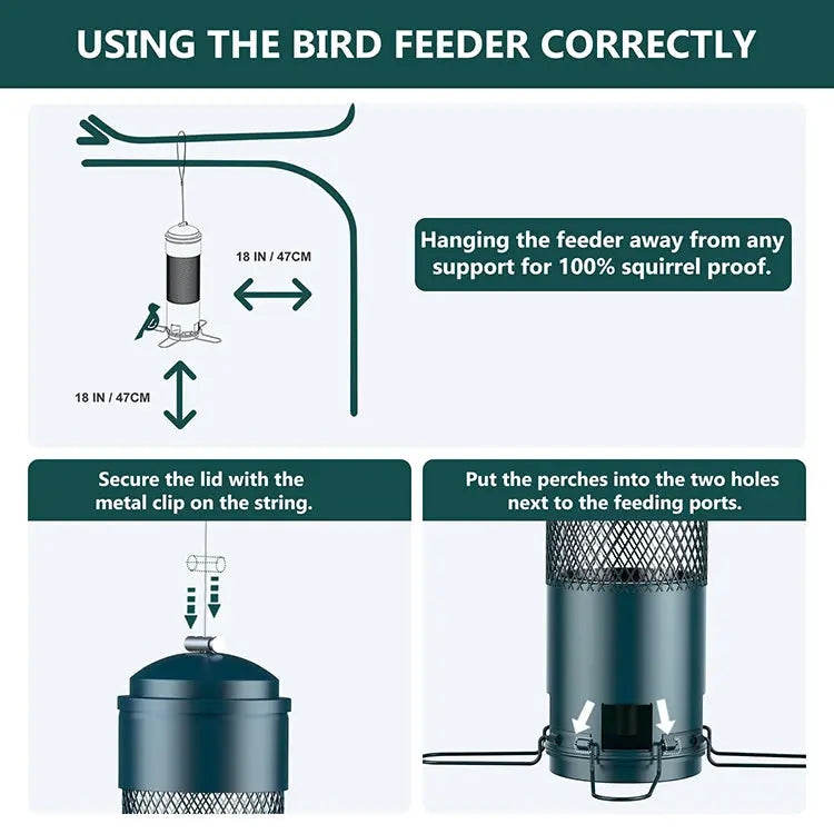 Bird Feeders for Outdoors Squirrel Proof with Weight-Activated Perches, Hanging Bird Feeder for Outside, Metal Feeder for Wild Cardinal, Finch, Blue Jay, Chickadee, 3LB Seed Capacity, Green - Catanox