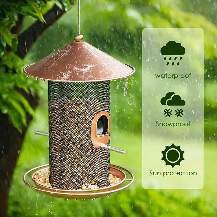Catanox - Outdoor Garden 3 Lbs Capacity 7.5" Copper Roof 360-Degree Hanging Metal Bird Feeder Catanox