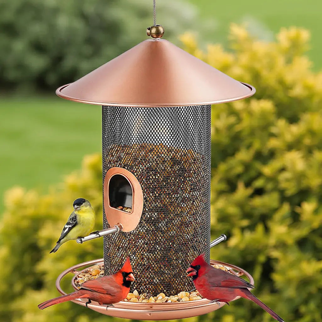 Catanox - Outdoor Garden 3 Lbs Capacity 7.5" Copper Roof 360-Degree Hanging Metal Bird Feeder Catanox